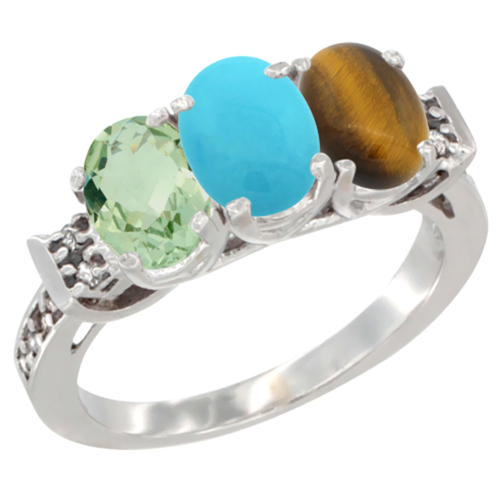 14K White Gold Natural Green Amethyst, Turquoise &amp; Tiger Eye Ring 3-Stone 7x5 mm Oval Diamond Accent, sizes 5 - 10
