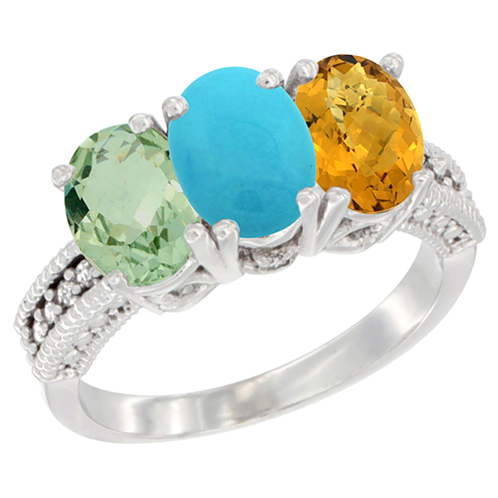10K White Gold Natural Green Amethyst, Turquoise &amp; Whisky Quartz Ring 3-Stone Oval 7x5 mm Diamond Accent, sizes 5 - 10