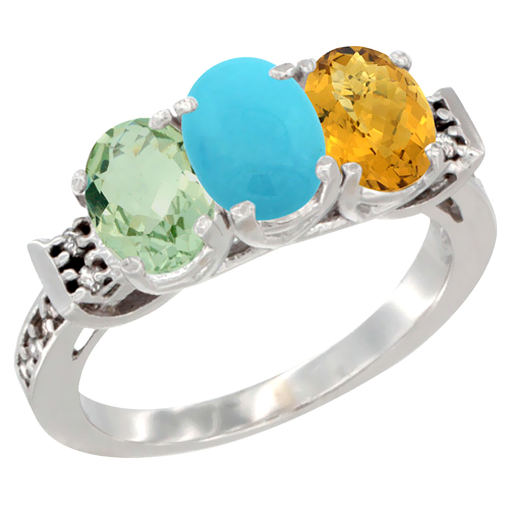14K White Gold Natural Green Amethyst, Turquoise & Whisky Quartz Ring 3-Stone 7x5 mm Oval Diamond Accent, sizes 5 - 10