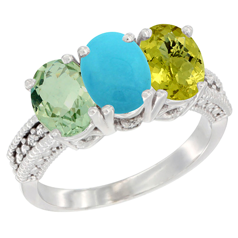 10K White Gold Natural Green Amethyst, Turquoise &amp; Lemon Quartz Ring 3-Stone Oval 7x5 mm Diamond Accent, sizes 5 - 10