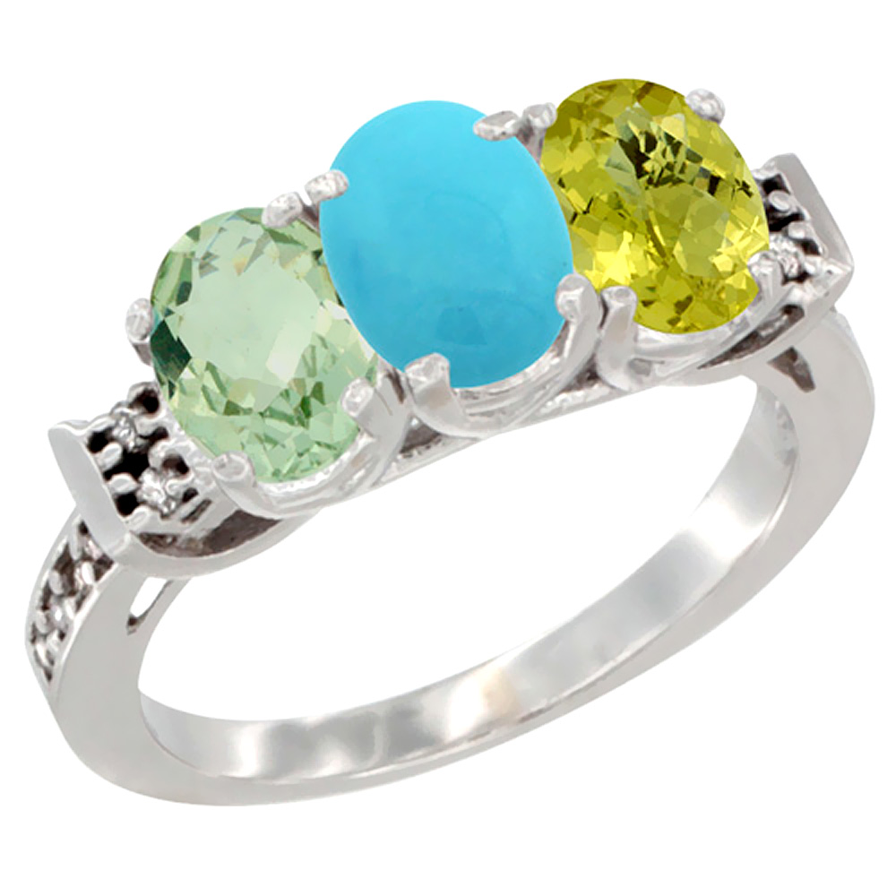 14K White Gold Natural Green Amethyst, Turquoise & Lemon Quartz Ring 3-Stone 7x5 mm Oval Diamond Accent, sizes 5 - 10