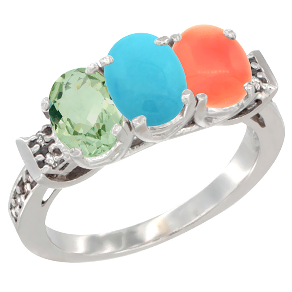 10K White Gold Natural Green Amethyst, Turquoise & Coral Ring 3-Stone Oval 7x5 mm Diamond Accent, sizes 5 - 10