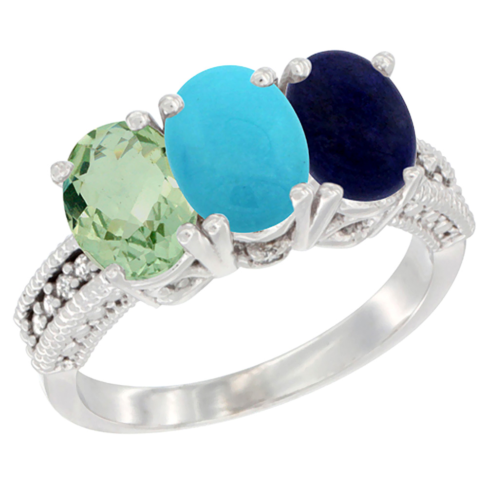 10K White Gold Natural Green Amethyst, Turquoise & Lapis Ring 3-Stone Oval 7x5 mm Diamond Accent, sizes 5 - 10