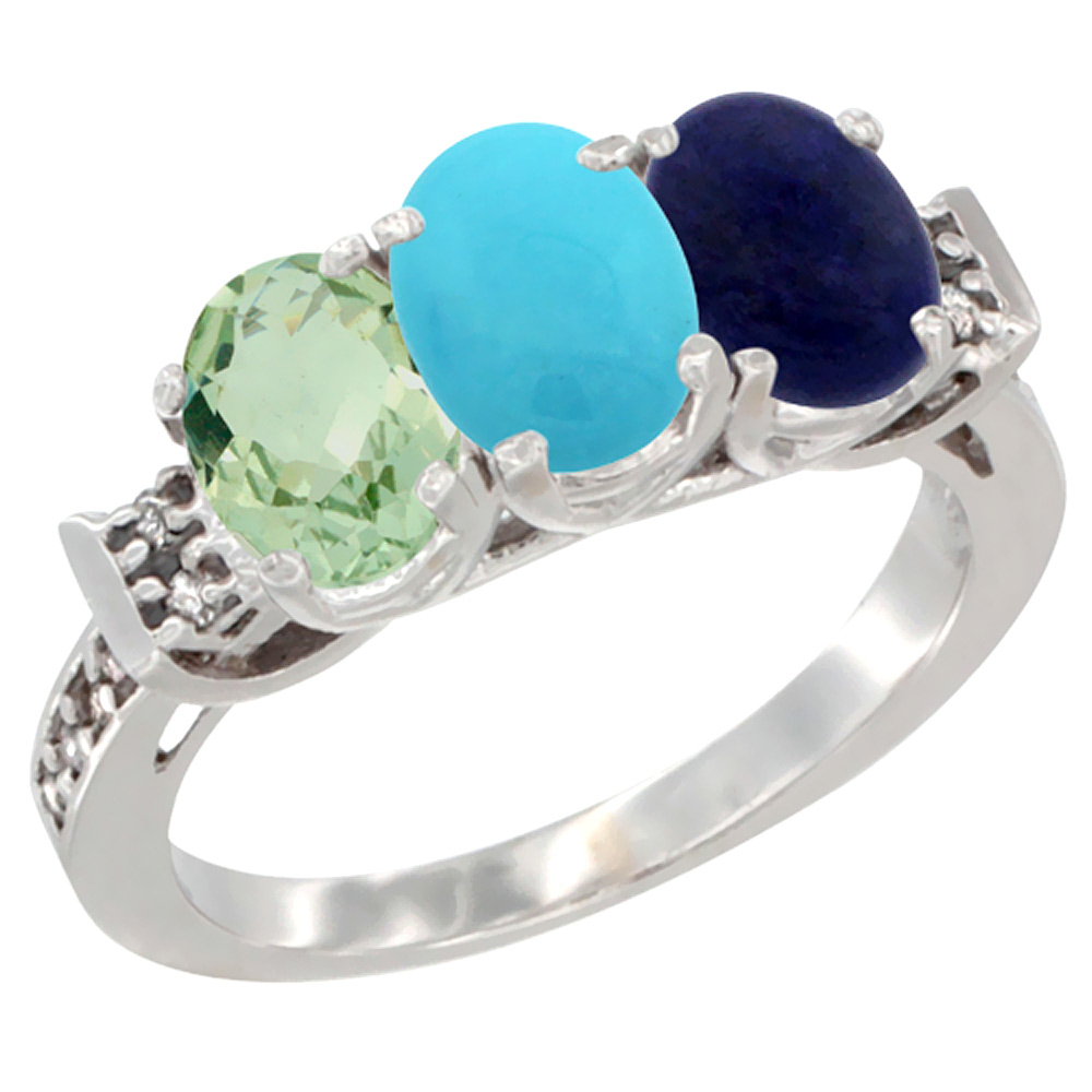 10K White Gold Natural Green Amethyst, Turquoise &amp; Lapis Ring 3-Stone Oval 7x5 mm Diamond Accent, sizes 5 - 10
