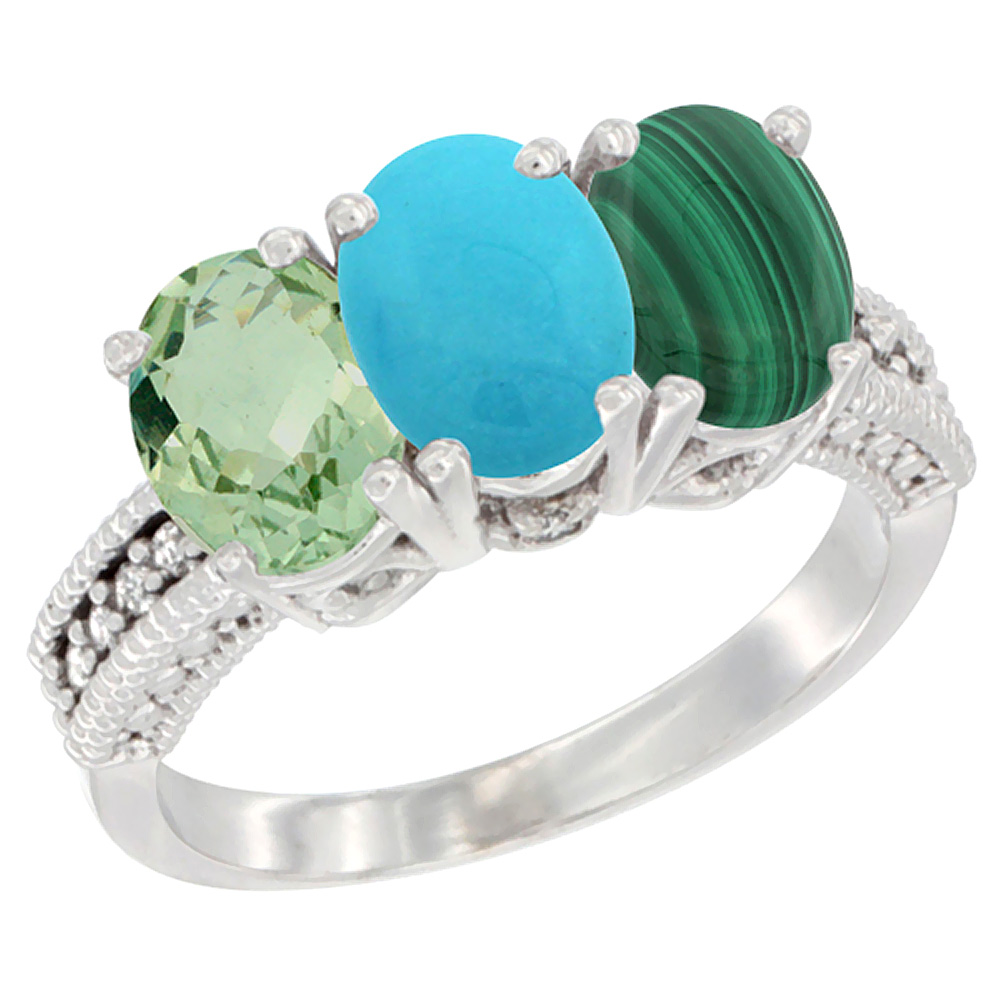 10K White Gold Natural Green Amethyst, Turquoise &amp; Malachite Ring 3-Stone Oval 7x5 mm Diamond Accent, sizes 5 - 10