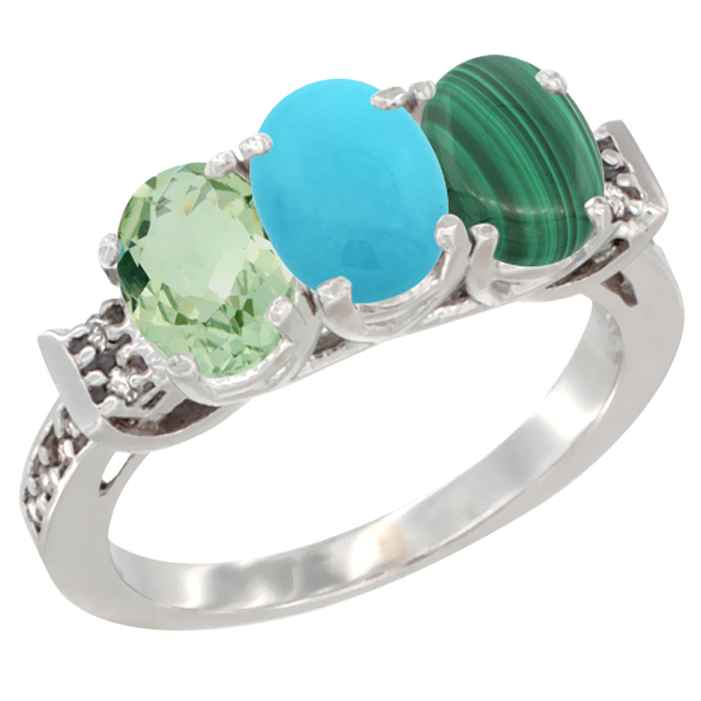 14K White Gold Natural Green Amethyst, Turquoise & Malachite Ring 3-Stone 7x5 mm Oval Diamond Accent, sizes 5 - 10