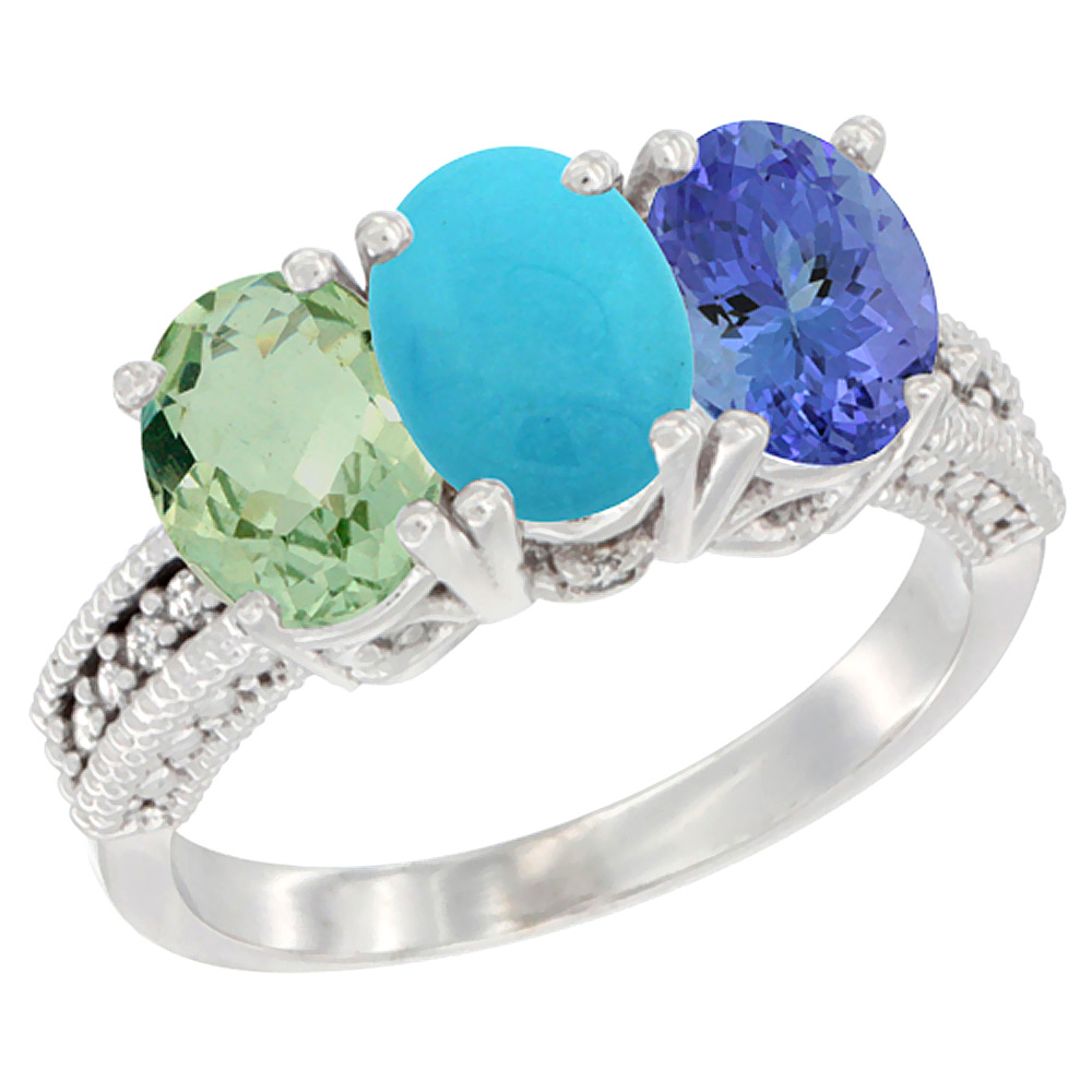 14K White Gold Natural Green Amethyst, Turquoise &amp; Tanzanite Ring 3-Stone 7x5 mm Oval Diamond Accent, sizes 5 - 10