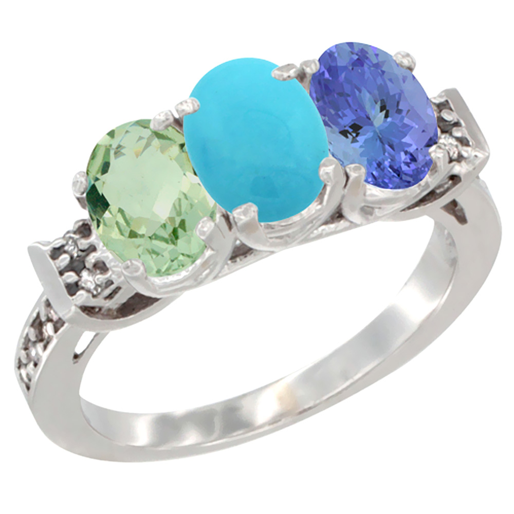 14K White Gold Natural Green Amethyst, Turquoise & Tanzanite Ring 3-Stone 7x5 mm Oval Diamond Accent, sizes 5 - 10