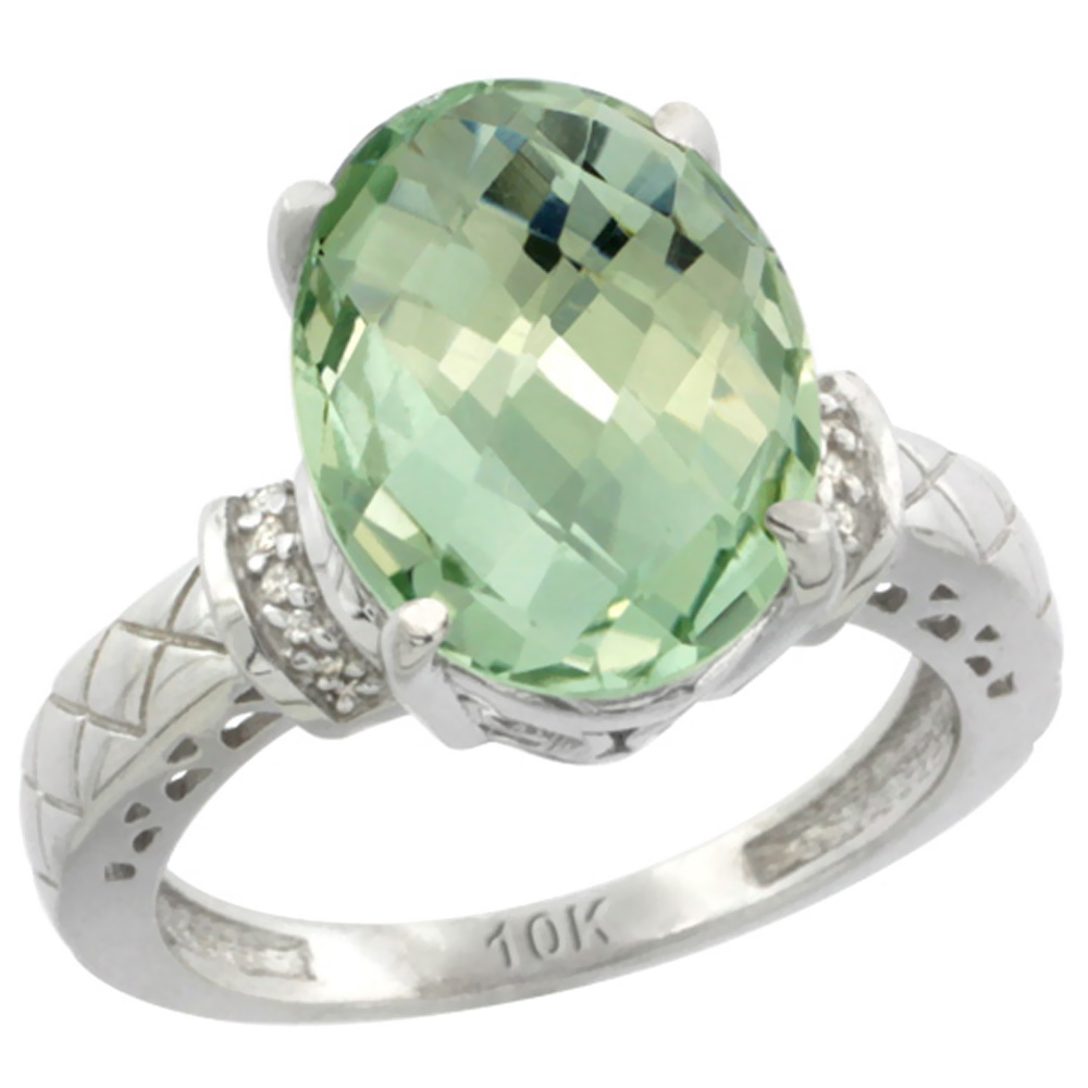 14K White Gold Diamond Natural Green Amethyst Ring Oval 14x10mm, sizes 5-10