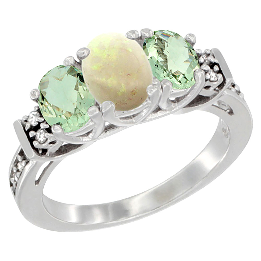 10K White Gold Natural Opal & Green Amethyst Ring 3-Stone Oval Diamond Accent, sizes 5-10