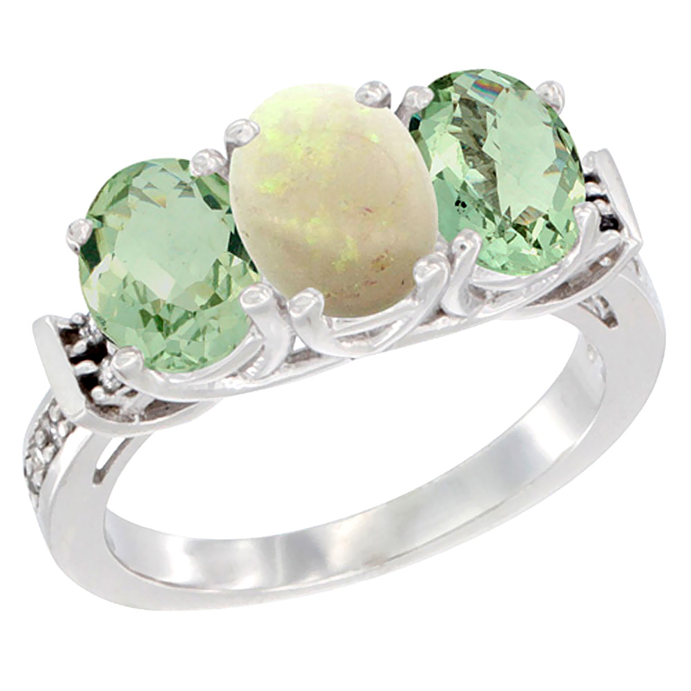 10K White Gold Natural Opal & Green Amethyst Sides Ring 3-Stone Oval Diamond Accent, sizes 5 - 10