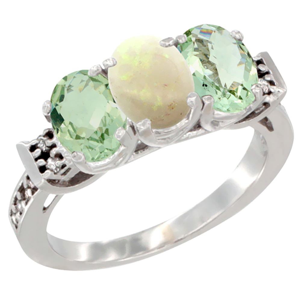 14K White Gold Natural Opal & Green Amethyst Sides Ring 3-Stone 7x5 mm Oval Diamond Accent, sizes 5 - 10