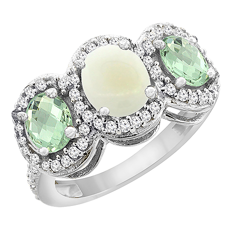14K White Gold Natural Opal &amp; Green Amethyst 3-Stone Ring Oval Diamond Accent, sizes 5 - 10