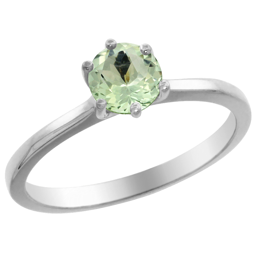 14K White Gold Natural Green Amethyst Solitaire Ring Round 6mm, sizes 5 - 10