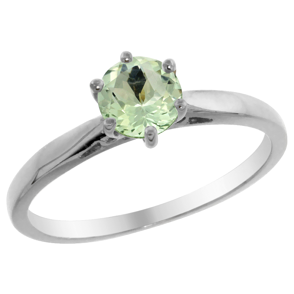 14K White Gold Natural Green Amethyst Solitaire Ring Round 5mm, sizes 5 - 10