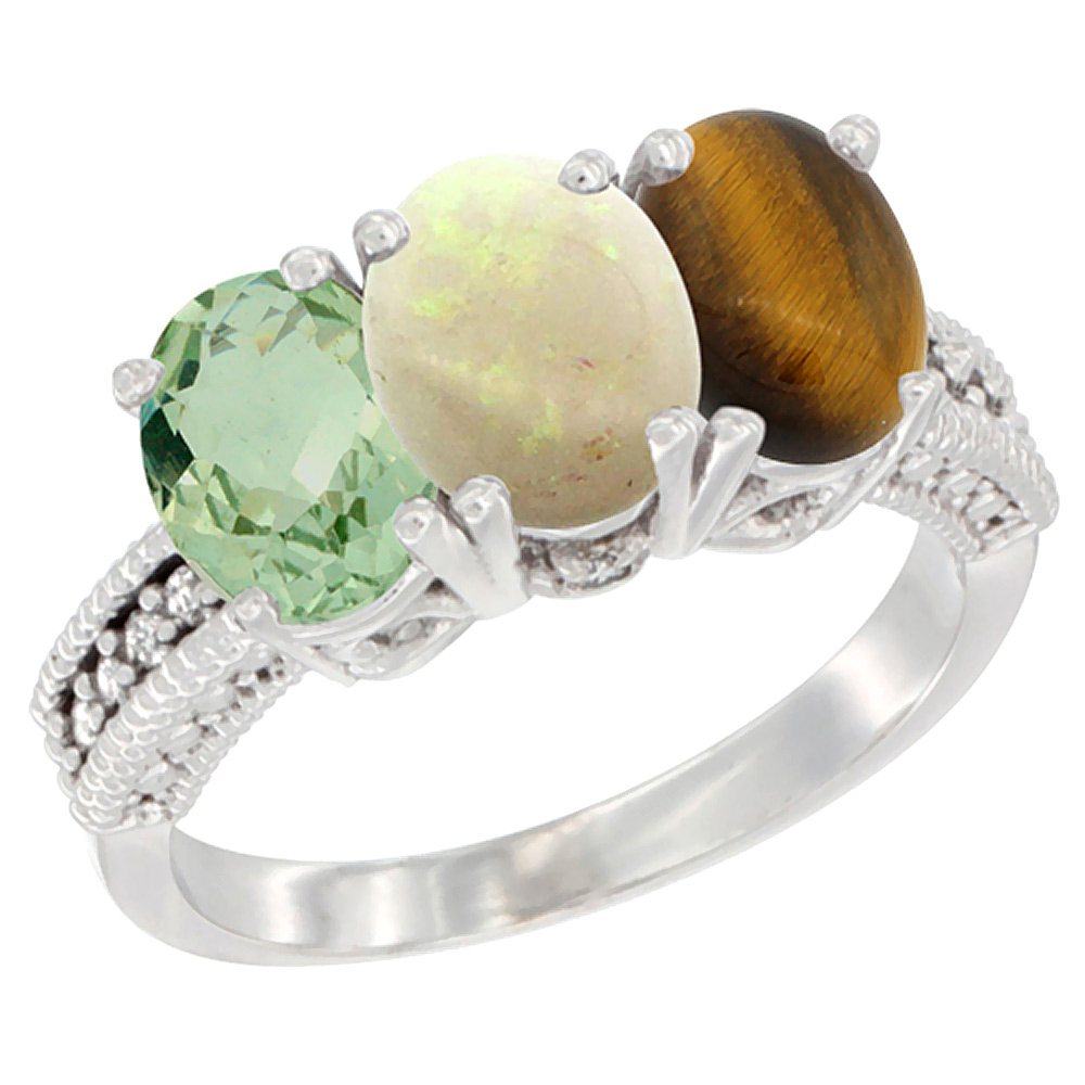 10K White Gold Natural Green Amethyst, Opal & Tiger Eye Ring 3-Stone Oval 7x5 mm Diamond Accent, sizes 5 - 10