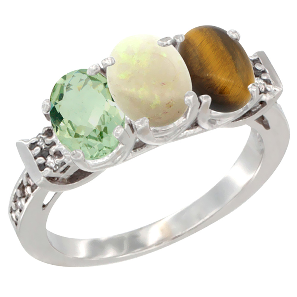 14K White Gold Natural Green Amethyst, Opal & Tiger Eye Ring 3-Stone 7x5 mm Oval Diamond Accent, sizes 5 - 10