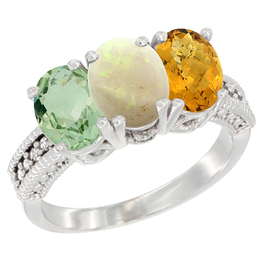 10K White Gold Natural Green Amethyst, Opal & Whisky Quartz Ring 3-Stone Oval 7x5 mm Diamond Accent, sizes 5 - 10