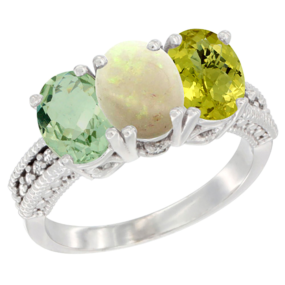 10K White Gold Natural Green Amethyst, Opal & Lemon Quartz Ring 3-Stone Oval 7x5 mm Diamond Accent, sizes 5 - 10