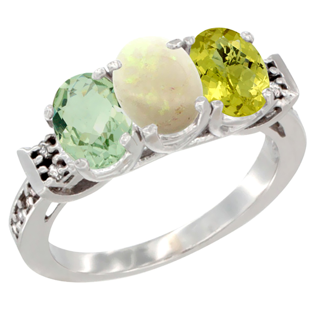 14K White Gold Natural Green Amethyst, Opal &amp; Lemon Quartz Ring 3-Stone 7x5 mm Oval Diamond Accent, sizes 5 - 10