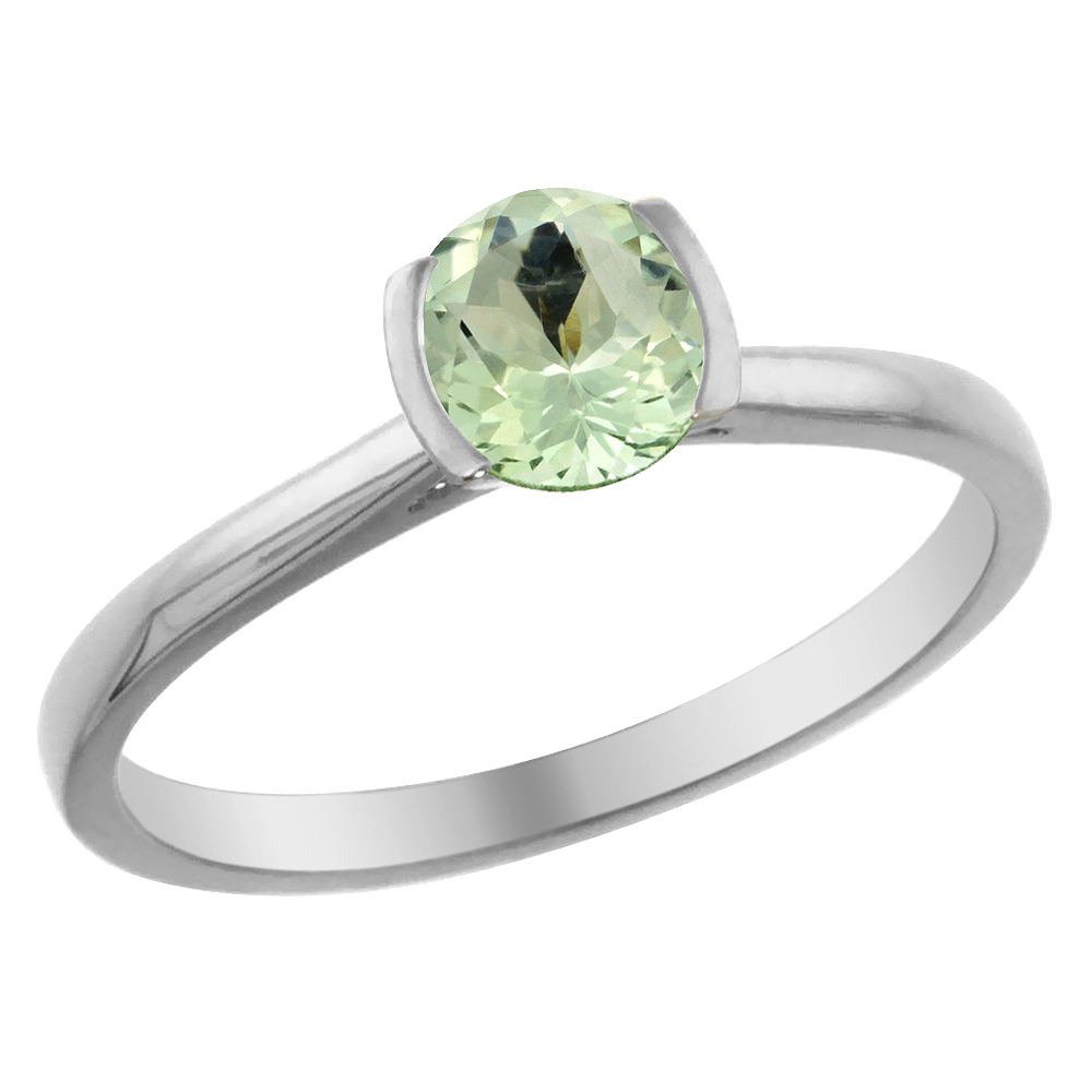 14K White Gold Natural Green Amethyst Solitaire Ring Round 5mm, sizes 5 - 10