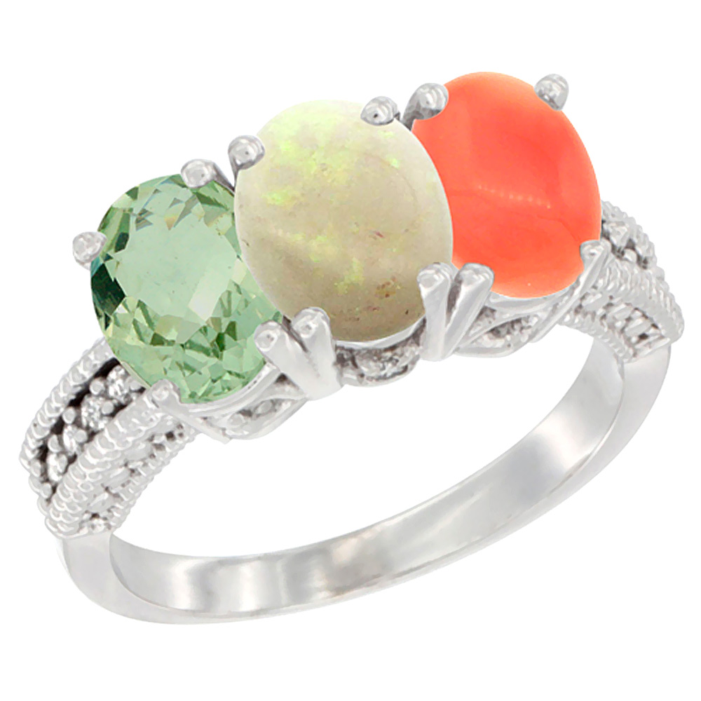 10K White Gold Natural Green Amethyst, Opal &amp; Coral Ring 3-Stone Oval 7x5 mm Diamond Accent, sizes 5 - 10