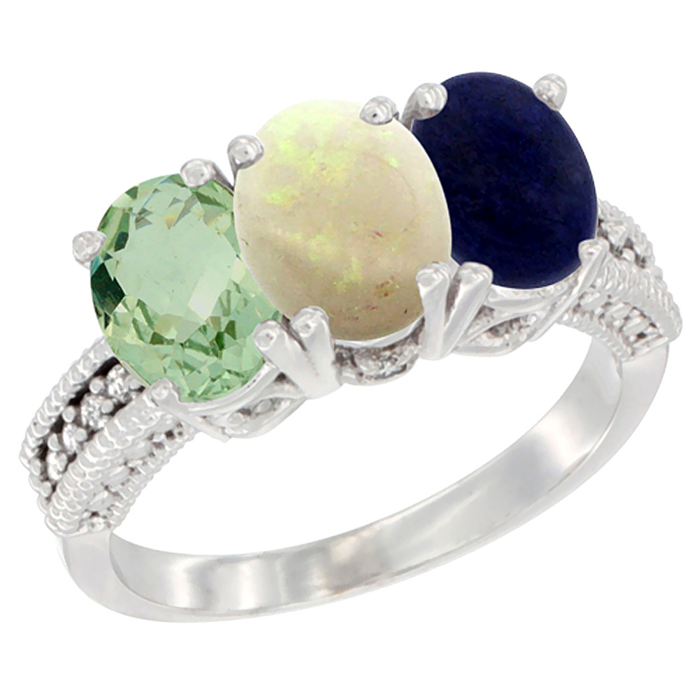 14K White Gold Natural Green Amethyst, Opal & Lapis Ring 3-Stone 7x5 mm Oval Diamond Accent, sizes 5 - 10