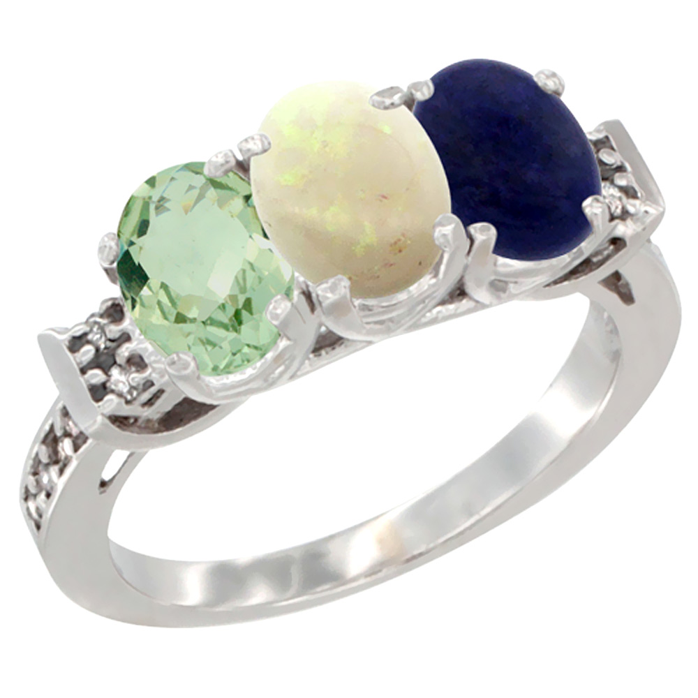 10K White Gold Natural Green Amethyst, Opal & Lapis Ring 3-Stone Oval 7x5 mm Diamond Accent, sizes 5 - 10
