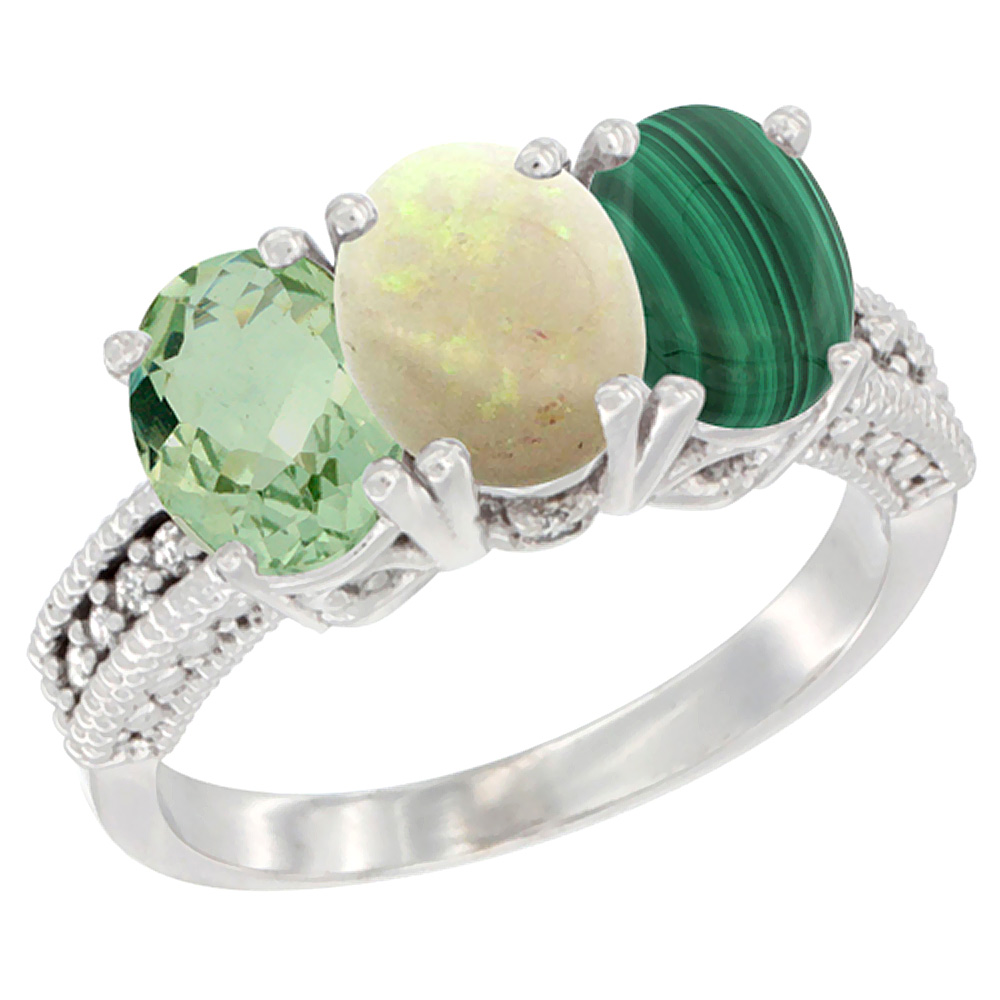 14K White Gold Natural Green Amethyst, Opal &amp; Malachite Ring 3-Stone 7x5 mm Oval Diamond Accent, sizes 5 - 10