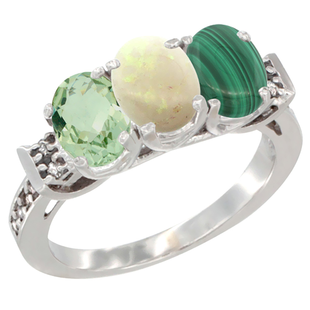 14K White Gold Natural Green Amethyst, Opal &amp; Malachite Ring 3-Stone 7x5 mm Oval Diamond Accent, sizes 5 - 10