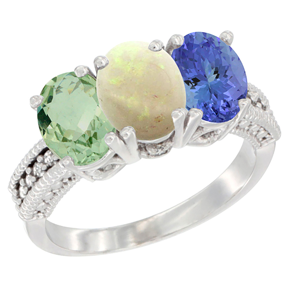 10K White Gold Natural Green Amethyst, Opal & Tanzanite Ring 3-Stone Oval 7x5 mm Diamond Accent, sizes 5 - 10