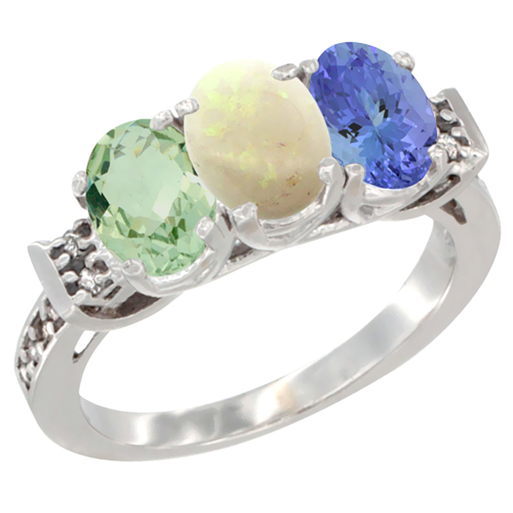 14K White Gold Natural Green Amethyst, Opal &amp; Tanzanite Ring 3-Stone 7x5 mm Oval Diamond Accent, sizes 5 - 10