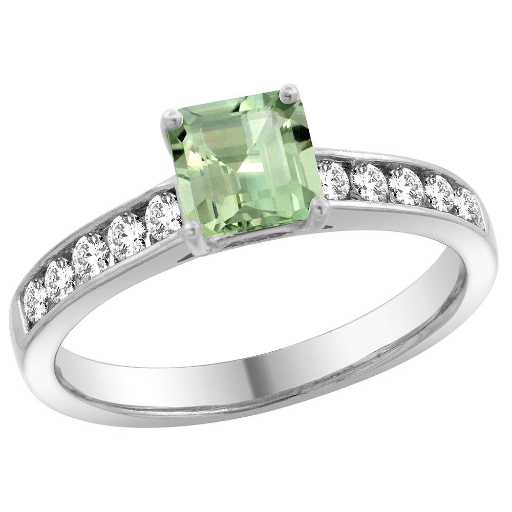 14K White Gold Natural Green Amethyst Engagement Ring Princess cut 5mm, sizes 5 - 10