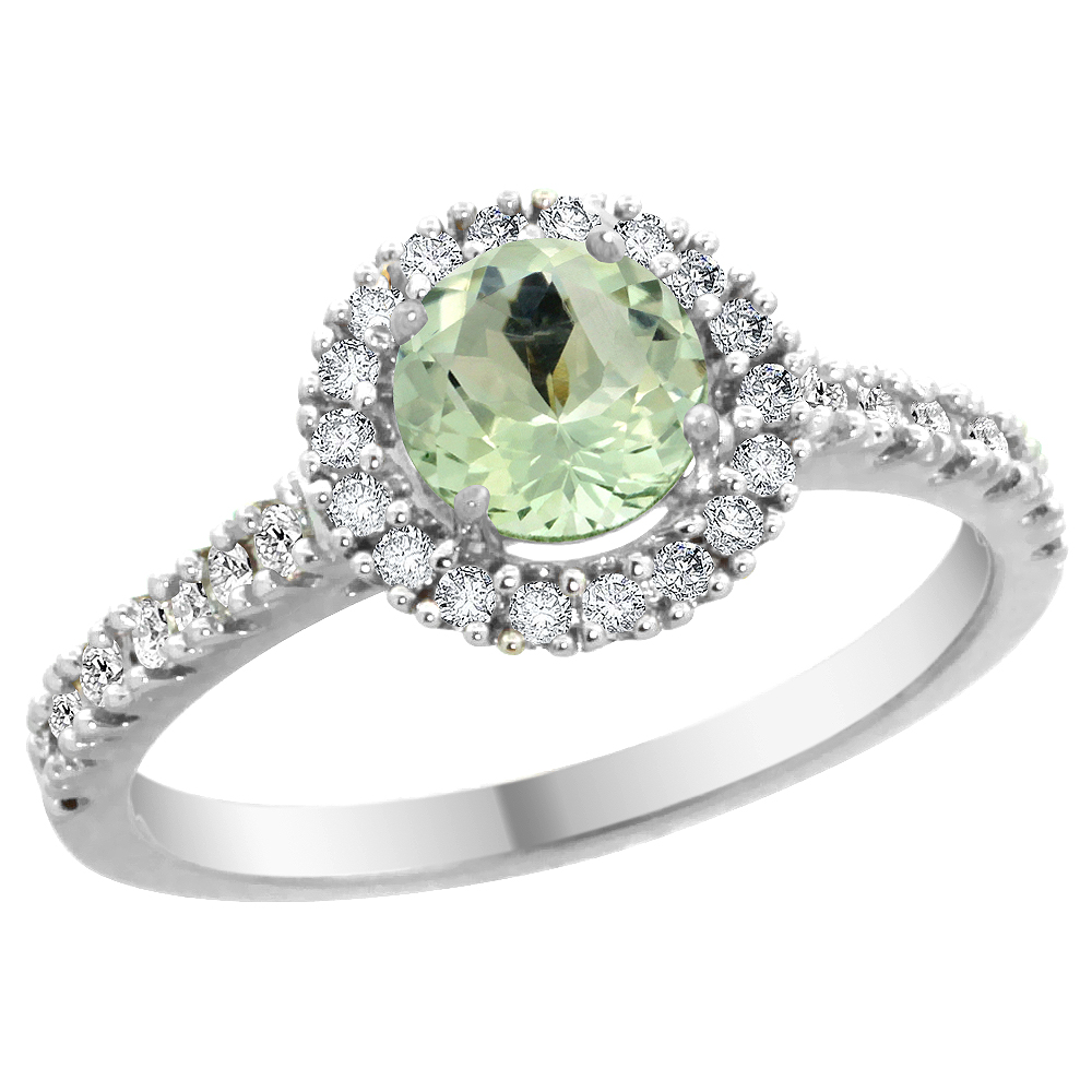 14K White Gold Diamond Halo Natural Green Amethyst Ring Round 6mm, sizes 5 - 10