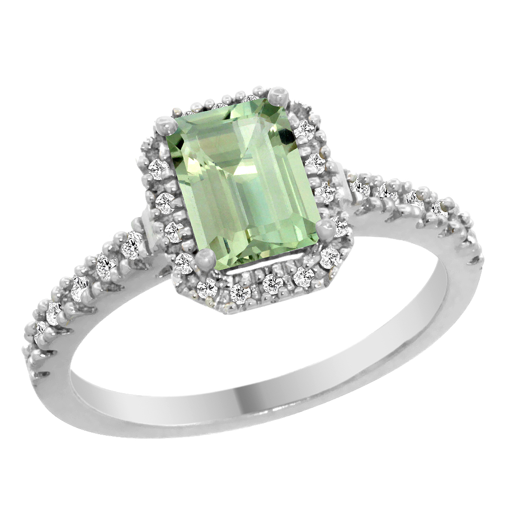 14K White Gold Natural Green Amethyst Engagement Ring Octagon 7x5 mm Diamond Accents, sizes 5 - 10
