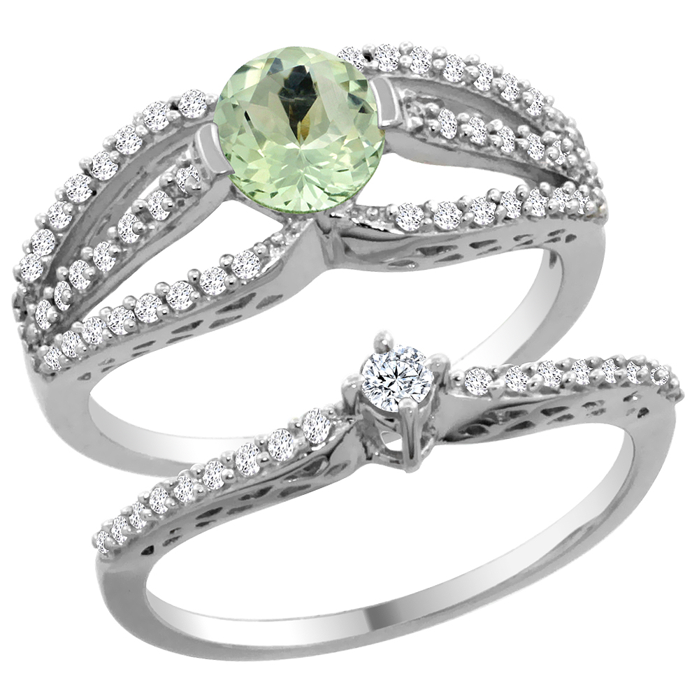 14K White Gold Natural Green Amethyst 2-piece Engagement Ring Set Round 5mm, sizes 5 - 10