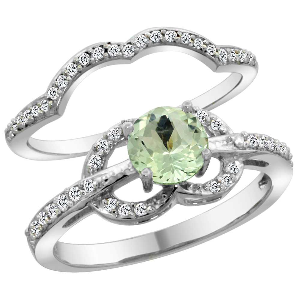 14K White Gold Natural Green Amethyst 2-piece Engagement Ring Set Round 6mm, sizes 5 - 10