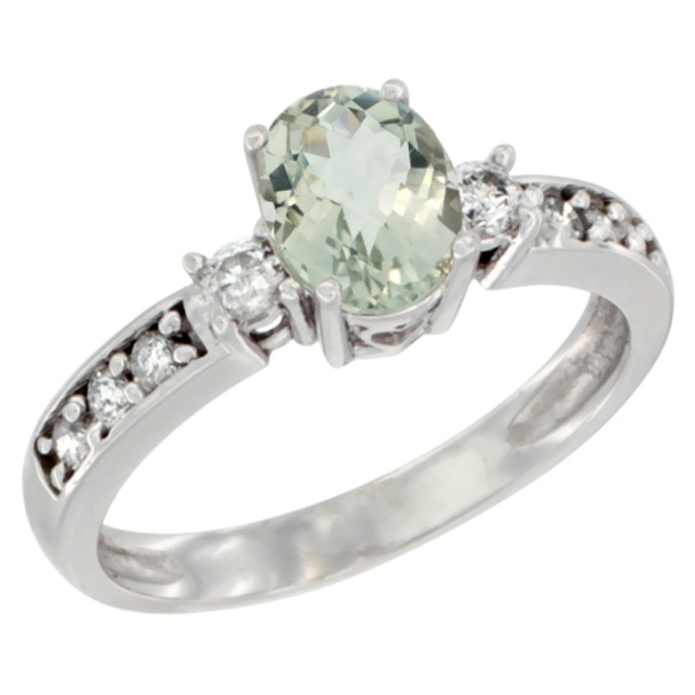 14K White Gold Natural Green Amethyst Ring Oval 7x5 mm Diamond Accent, sizes 5 - 10