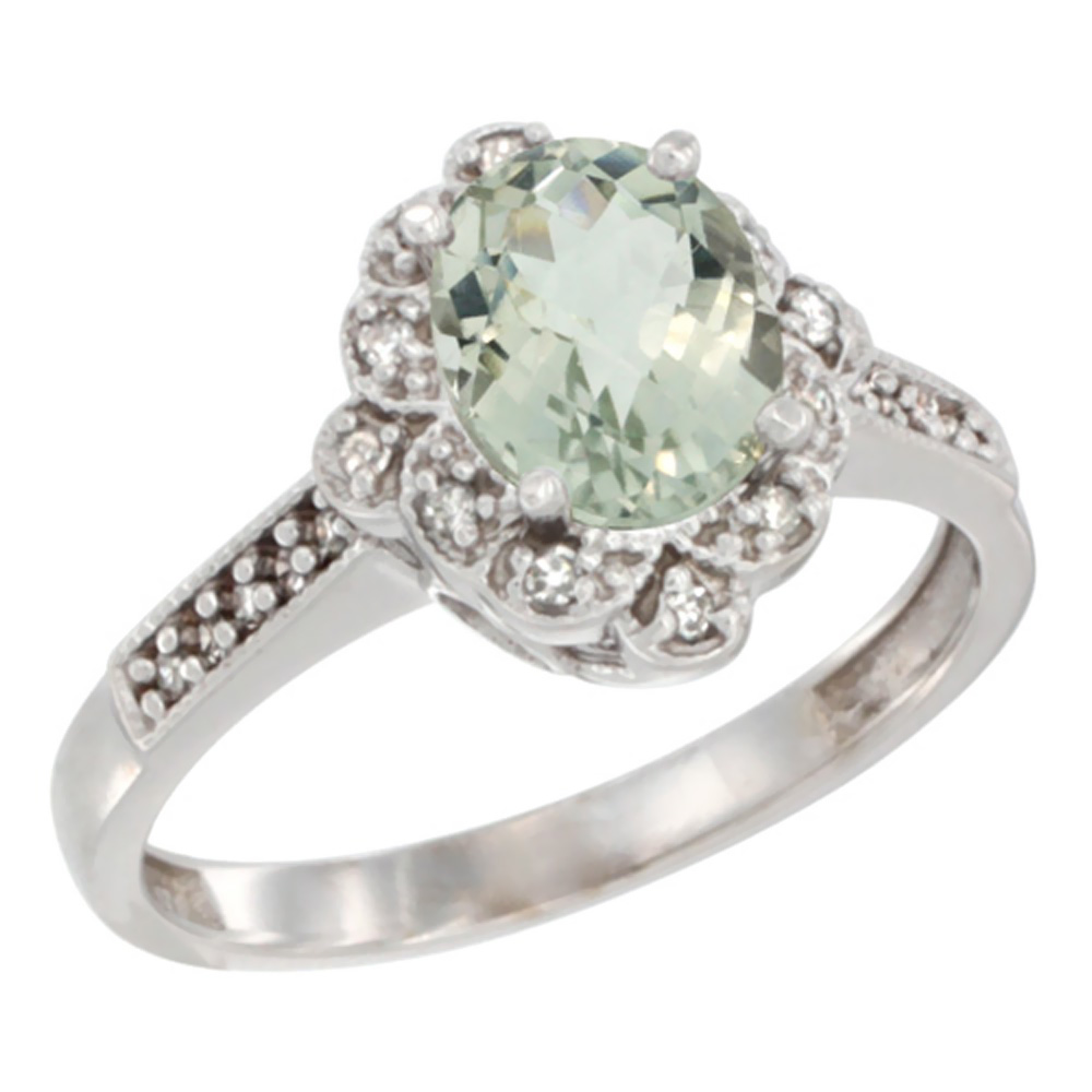 14K White Gold Natural Green Amethyst Ring Oval 8x6 mm Floral Diamond Halo, sizes 5 - 10