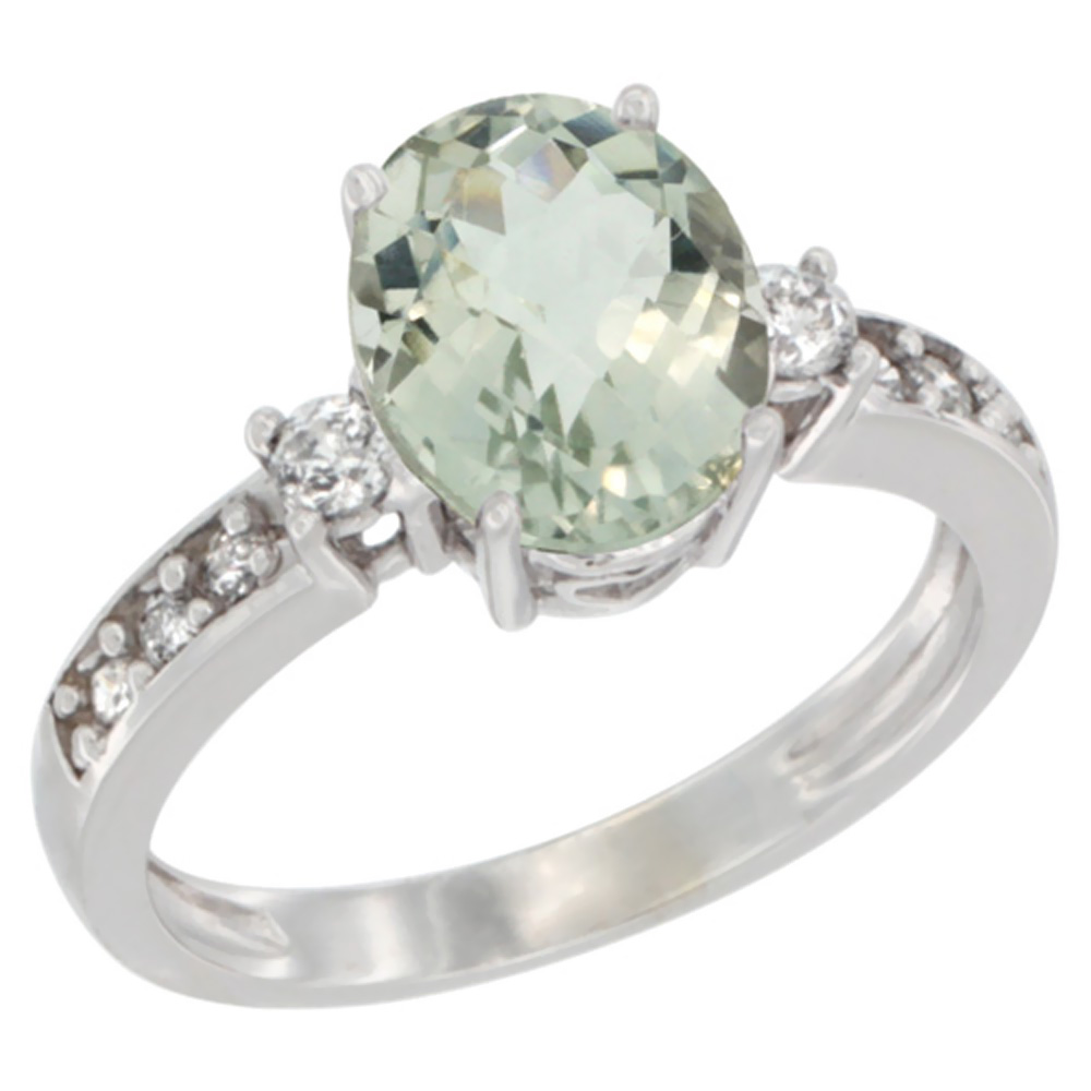 10K Yellow Gold Genuine Green Amethyst Ring Oval 9x7 mm Diamond Accent sizes 5 - 10