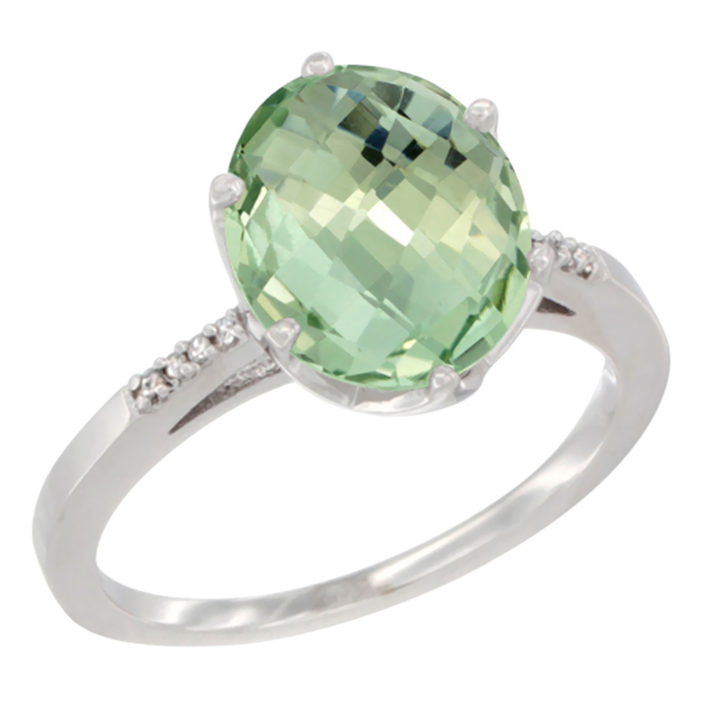 14K White Gold Natural Green Amethyst Engagement Ring 10x8 mm Oval, sizes 5 - 10