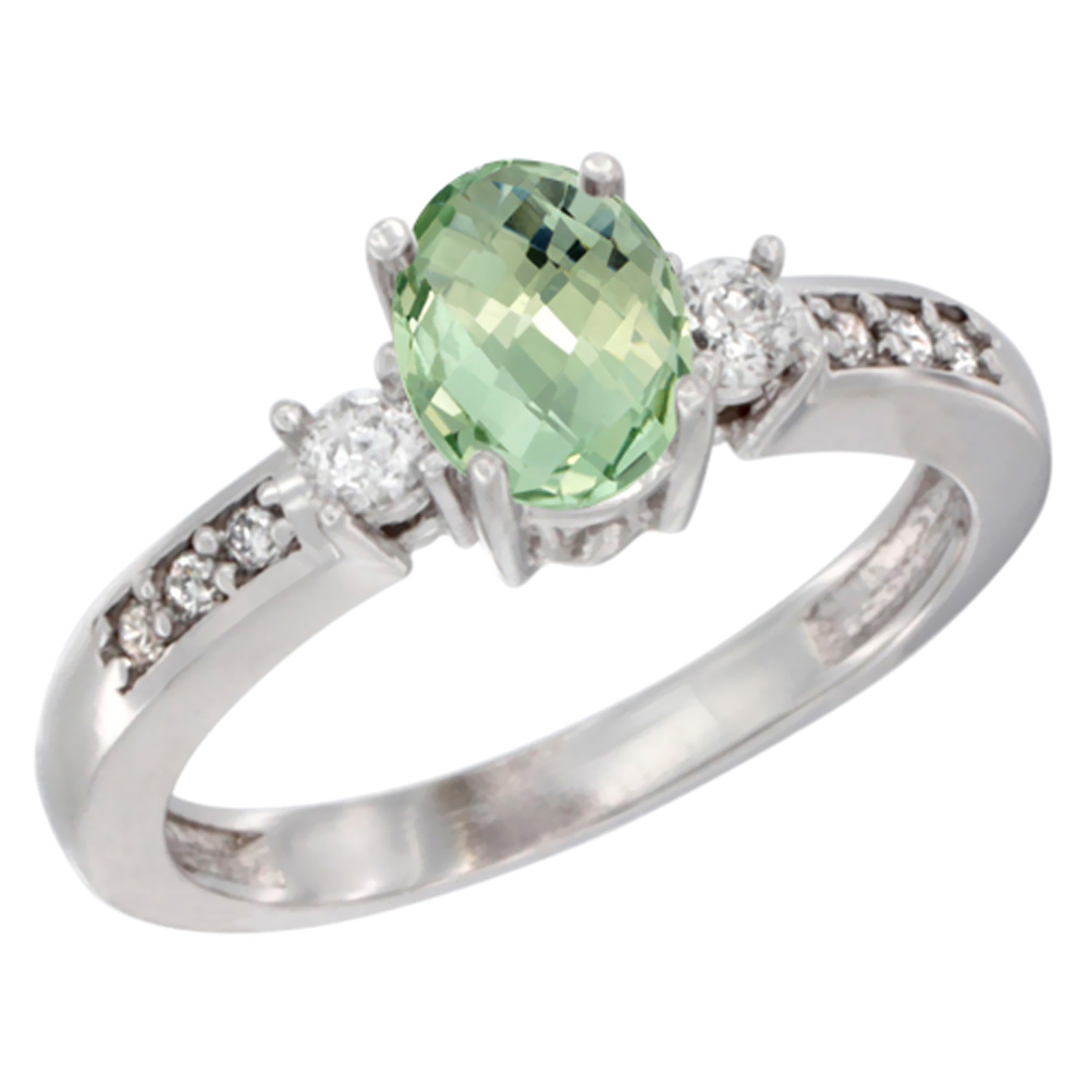 10K White Gold Diamond Genuine Green Amethyst Engagement Ring Oval 7x5 mm sizes 5 - 10
