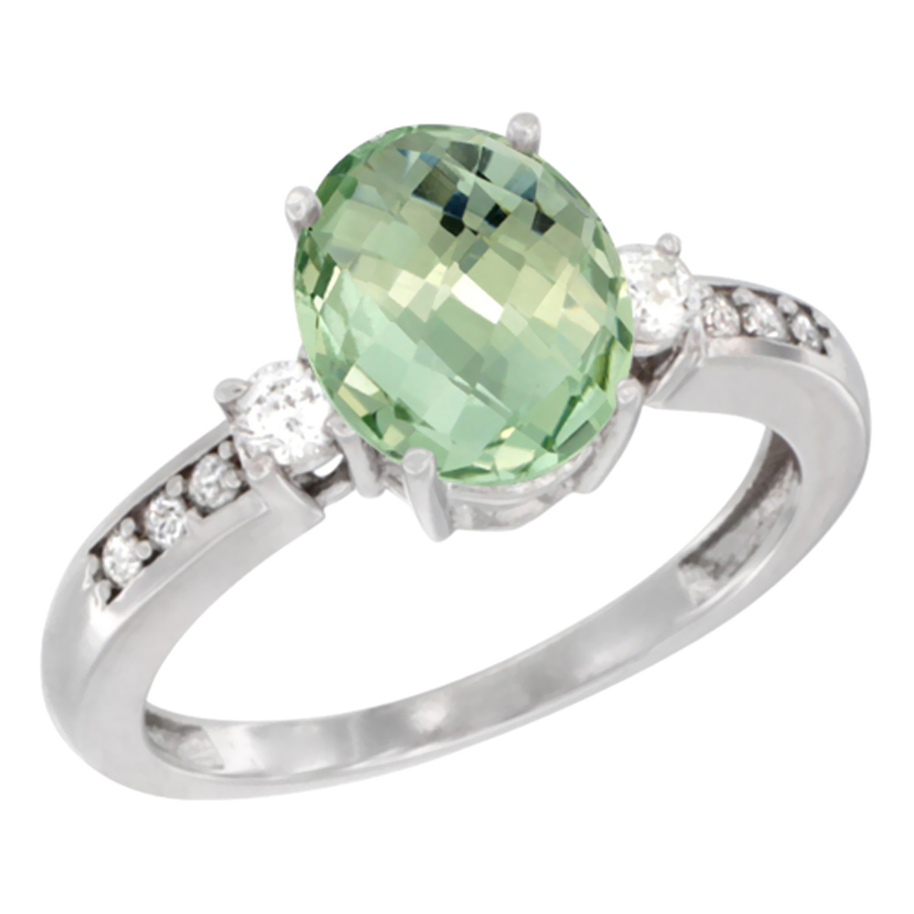 14K White Gold Natural Green Amethyst Ring Oval 9x7 mm Diamond Accent, sizes 5 - 10