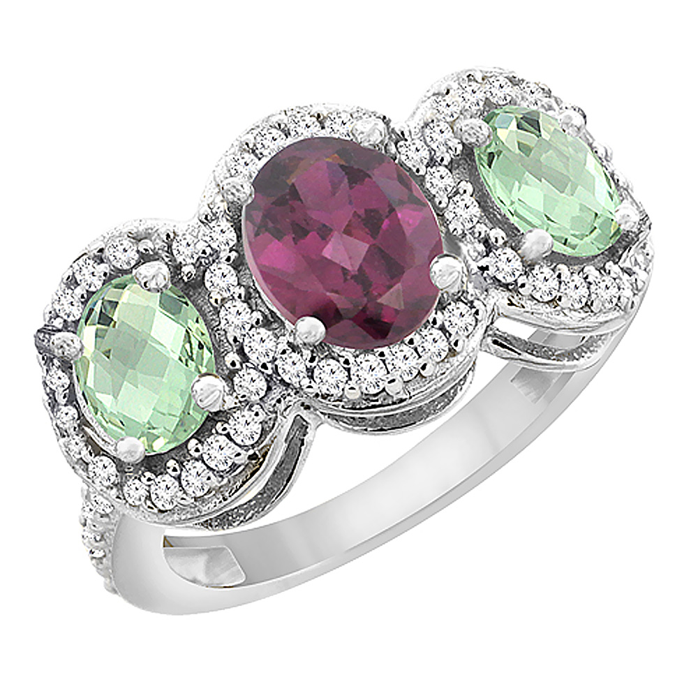 14K White Gold Natural Rhodolite & Green Amethyst 3-Stone Ring Oval Diamond Accent, sizes 5 - 10