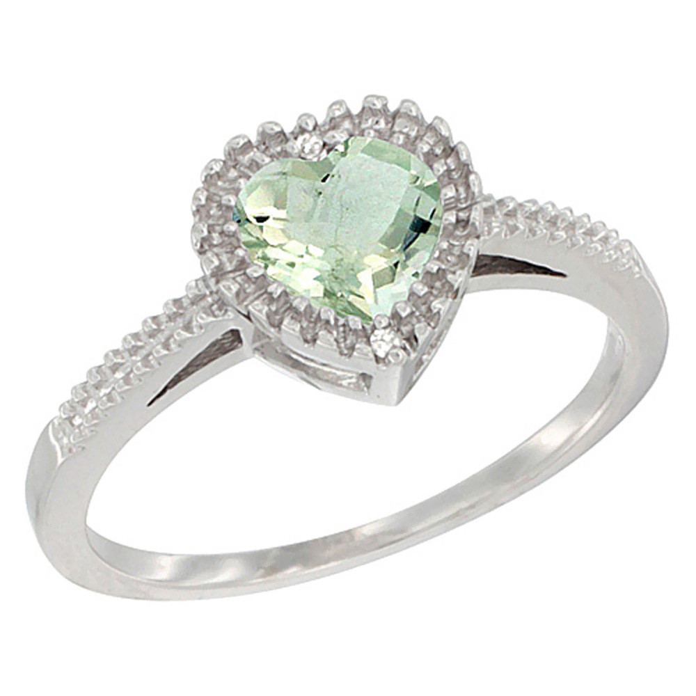 14K White Gold Natural Green Amethyst Ring Heart 6x6 mm, sizes 5 - 10