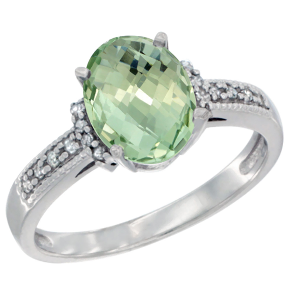10K White Gold Genuine Green Amethyst Ring Oval 9x7 mm Diamond Accent sizes 5 - 10