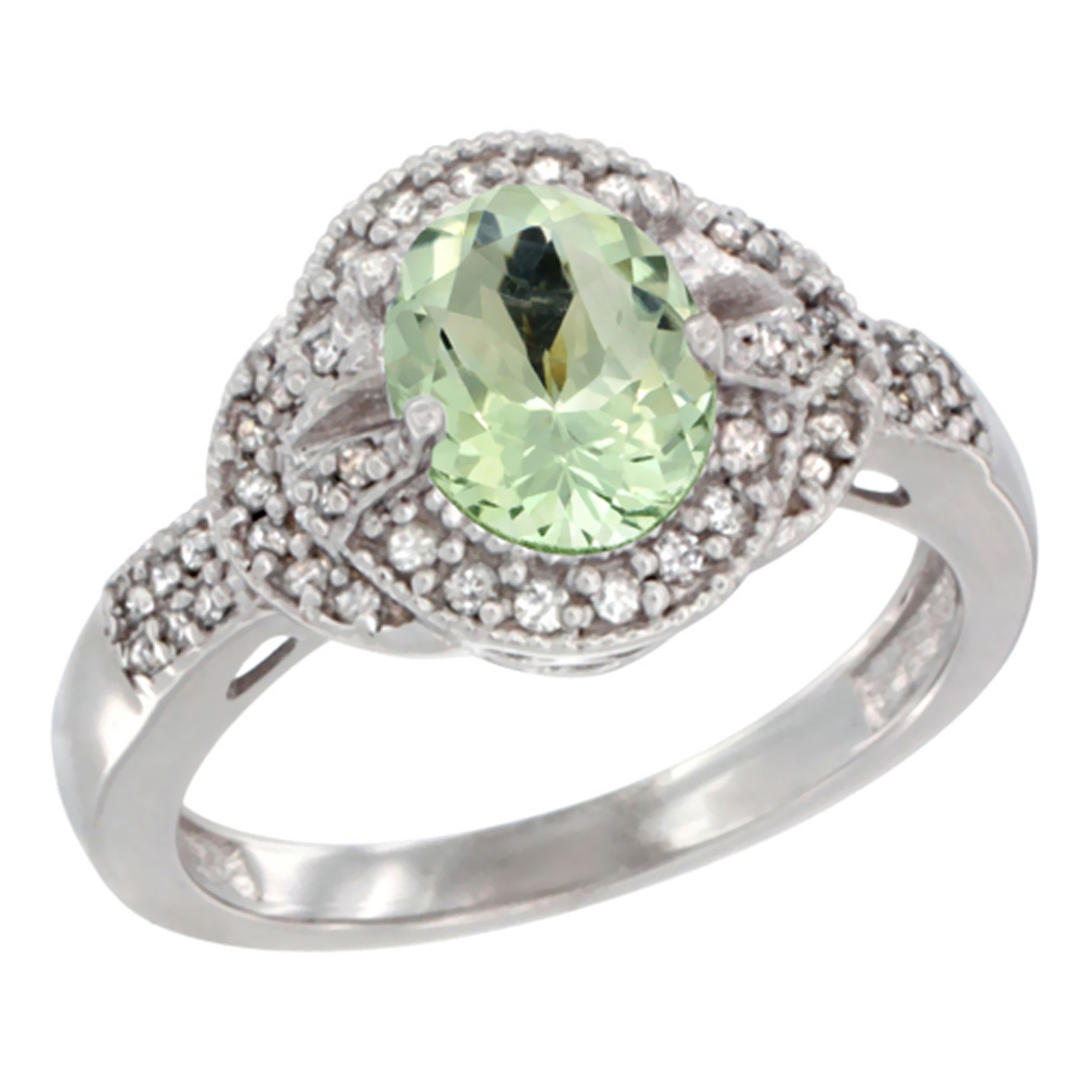 14K White Gold Natural Green Amethyst Ring Oval 8x6 mm Diamond Accent, sizes 5 - 10