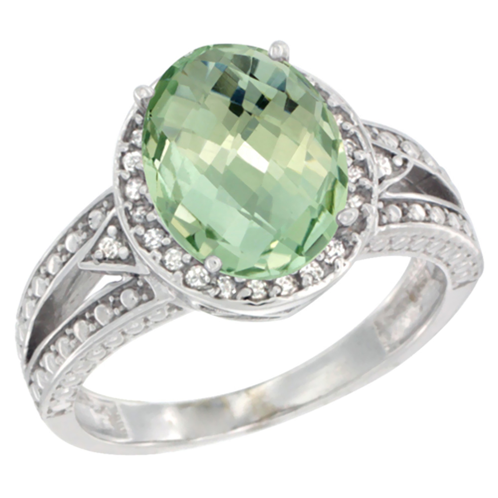 14K White Gold Natural Green Amethyst Ring Oval 9x7 mm Diamond Halo, sizes 5 - 10