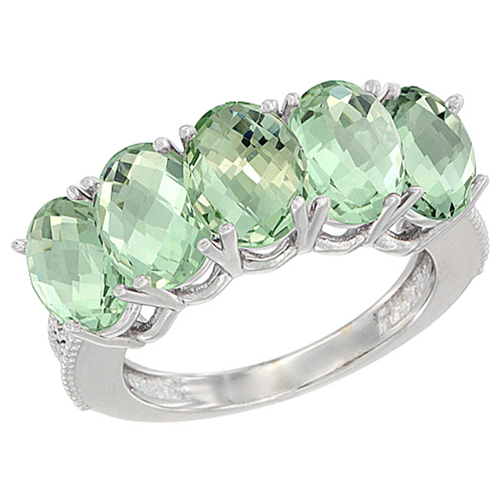 14K Yellow Gold Natural Green Amethyst 1 ct. Oval 7x5mm 5-Stone Mother's Ring with Diamond Accents, sizes 5 to 10 with half sizes