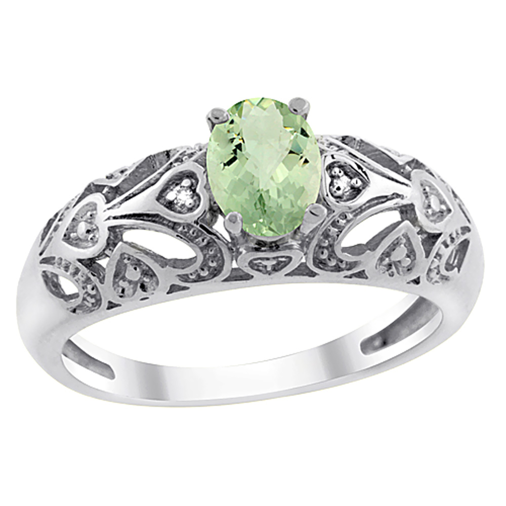 14K White Gold Natural Green Amethyst Ring Oval 6x4 mm Diamond Accent, sizes 5 - 10